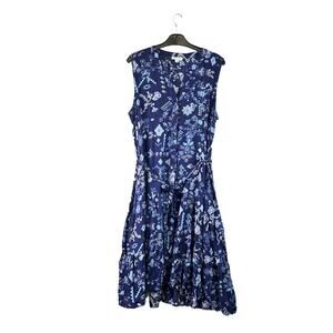 Button Up Front Dress Women Size XL Blue Floral Boho Tiered‎ Flowy Cottage Belt